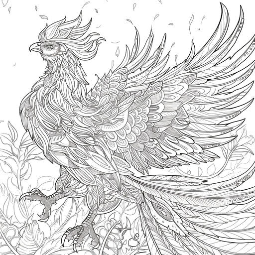 Majestic phoenix rising from ashes with elaborate feathers