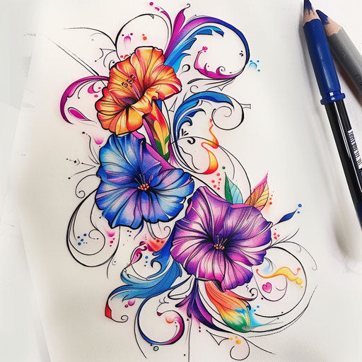 Dynamic sketch of morning glory with swirling vines and bursts of color