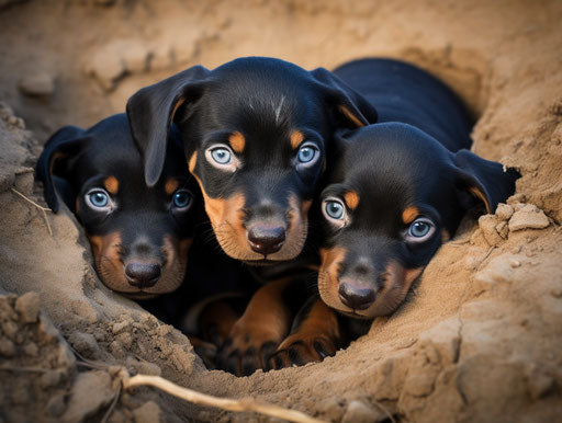 Three cute black doberman puppies with parent dog, in maroon and blue style, dusty piles 4:3