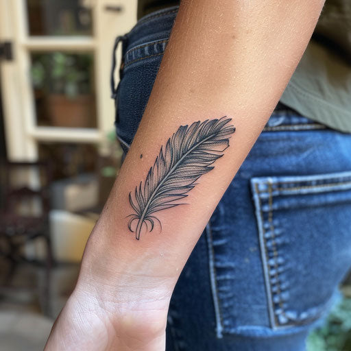 Feather wrist tattoo in the style of Peter Jackson