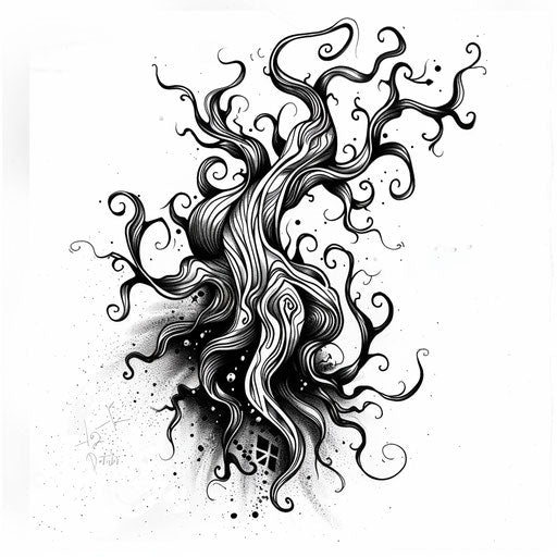 Dynamic flat tattoo sketch of spreading roots with abstract, flowing lines