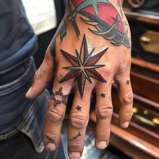 Finger tattoos for men Sailor Jerry style with nautical star motifs