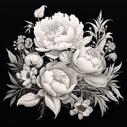 Black and white drawing of peonies, classic tattoo style