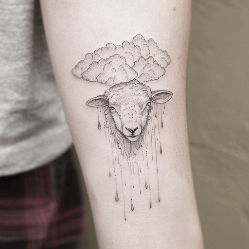 Soft flat tattoo sketch of a sheep with clouds and gentle rain