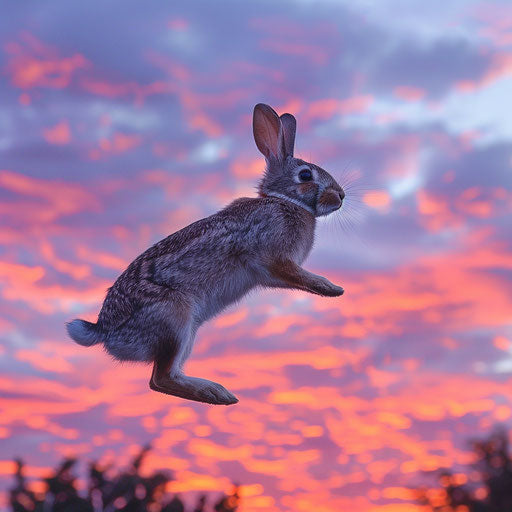 Rabbit mid-jump against vibrant sunset backdrop