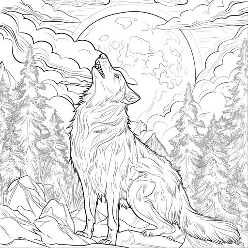 Mystical wolf howling at the moon. Coloring book page