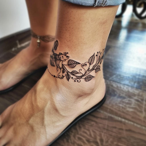 Rustic flat tattoo sketch of an ankle bracelet with woodcut style animals and leaves