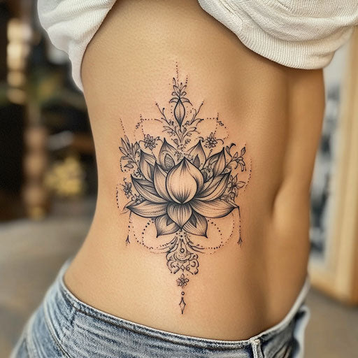Women's side tattoos, delicate lotus flower and mandala