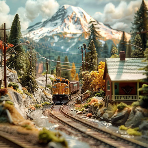 Model landscape without train resembling Hood River with Mount Hood