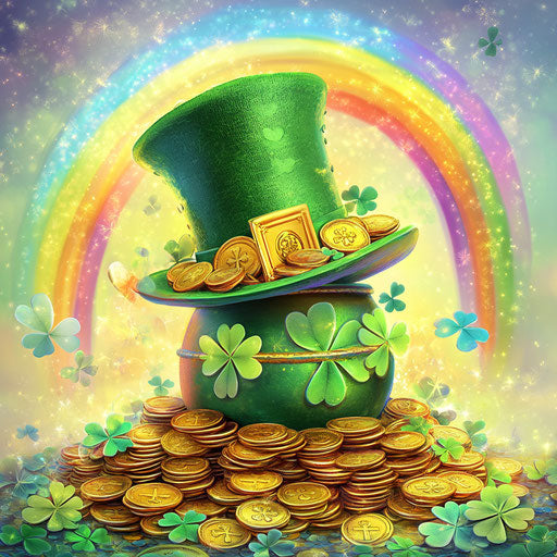 St. Patrick's Day, rainbow and pot of gold with golden coins, green hat surrounded by clovers, 3D sticker-style design, colorful and detailed