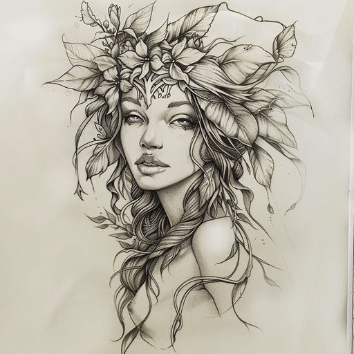 Fairy queen tattoo design with crown of flowers