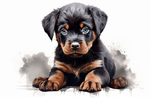Rottweiler puppy sitting on white background, rotcore 17:11 style