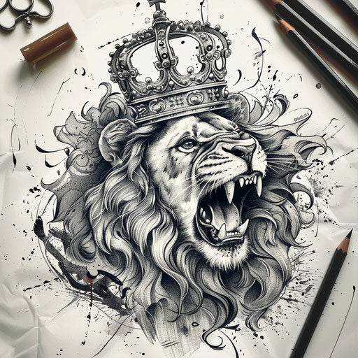 Sketch of a roaring lion with a crown tattoo