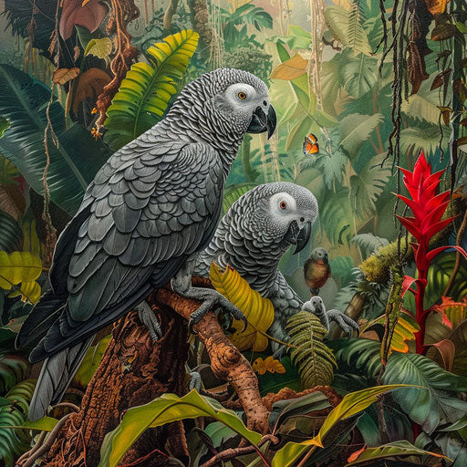 African grey parrot guiding its chick through dense, green jungle