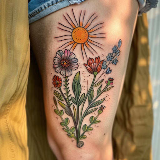 Wildflower tattoo with sun, warm colors, detailed rays, cheerful design
