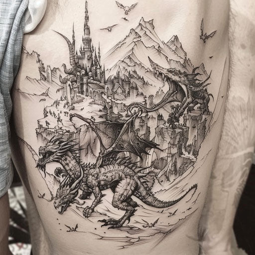 Artistic sketch of mythical creatures roaming a hellish landscape