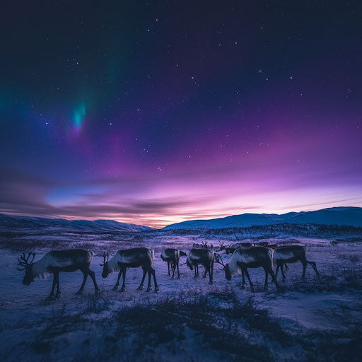Reindeer herd grazing under northern sky