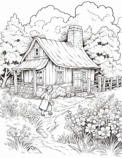 Shabby chic cottage in the forest coloring page