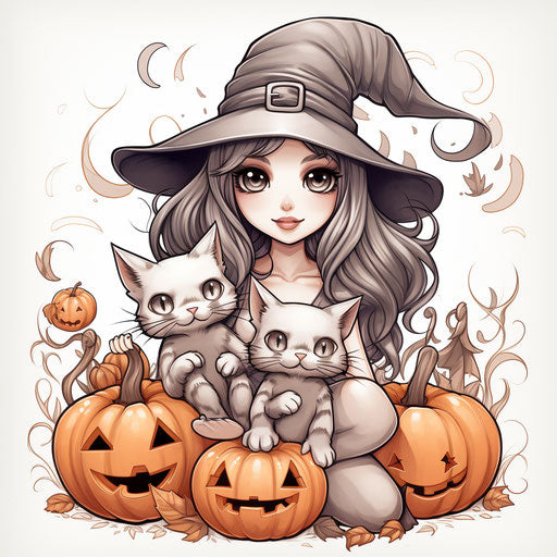 Witch-hat girl with pumpkins coloring page