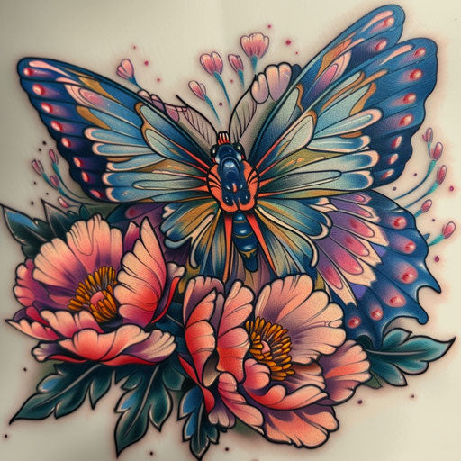Neo-traditional butterfly with peony flowers, vibrant colors