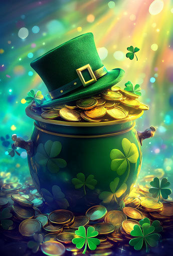 St. Patrick's Day scene with a green pot of gold and rainbow