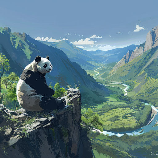 Solitary giant panda on rocky outcrop, overlooking lush valley with river under clear blue sky