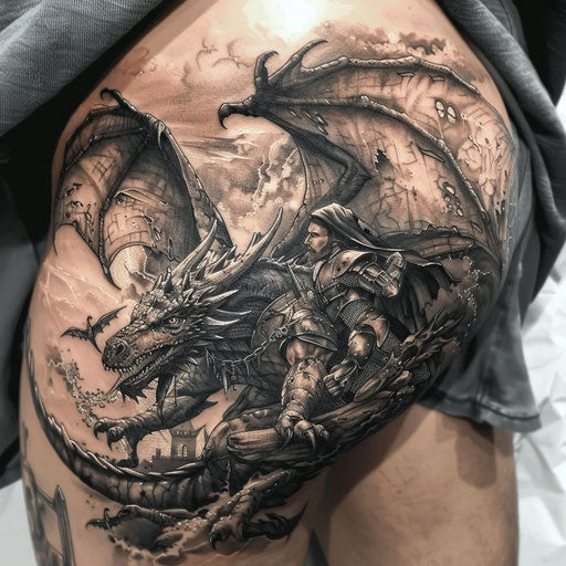 Detailed fantasy thigh tattoos with dragons and medieval warriors
