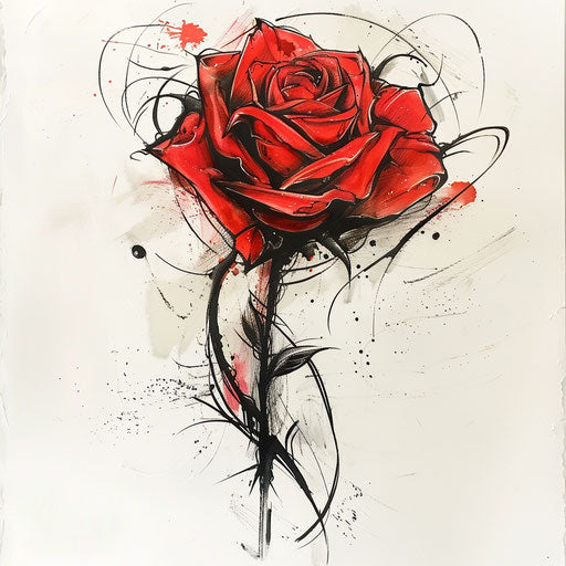 Contemporary tattoo sketch of a red rose with splash ink style and dynamic strokes