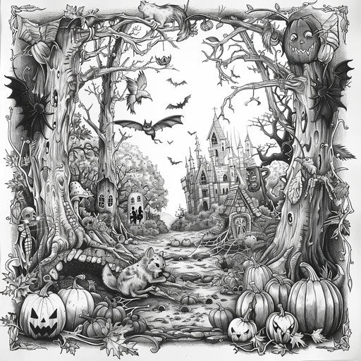 Halloween in a lush forest with animals in the style of Edward Julius Detmold Coloring book page