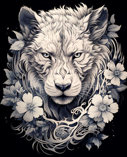 Animal and flowers, Maori art style, heavy shading, captivating, reefwave, tattoo 25:31