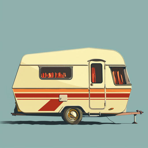 Caravan clipart in photo realistic style with a flat random background, minimalist design and subtle shading
