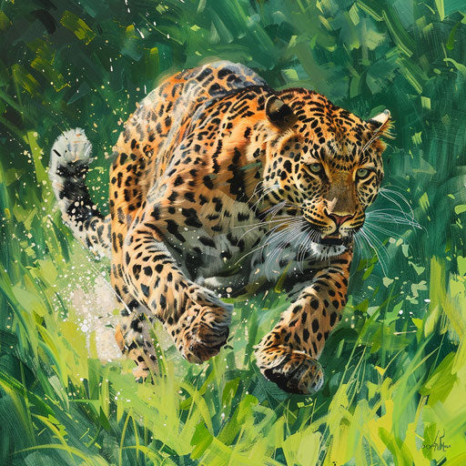 The dynamic chase of an Amur leopard hunting its prey through a vibrant green meadow.