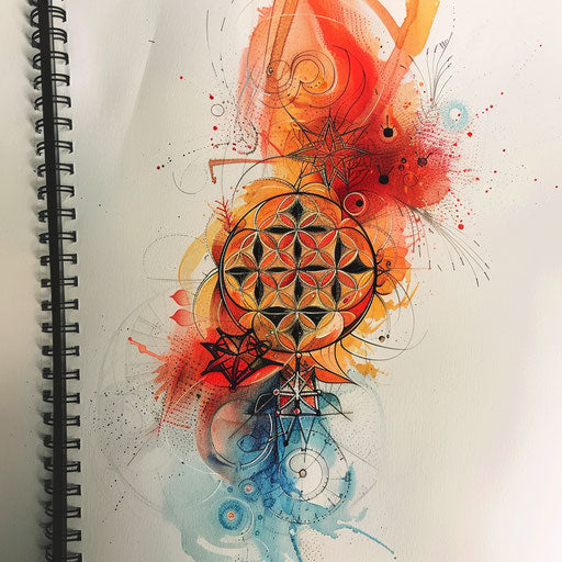 Dynamic tattoo sketch of the Flower of Life, with a splash of bright red and orange