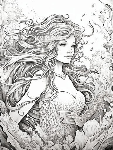 Mermaid coloring pages, coloring book, sigma 105mm f/1.4 dg hsm art style, playful cartoonish scenes, princesscore, controlled brushstrokes, high resolution, carving, subtle coloring 3:4