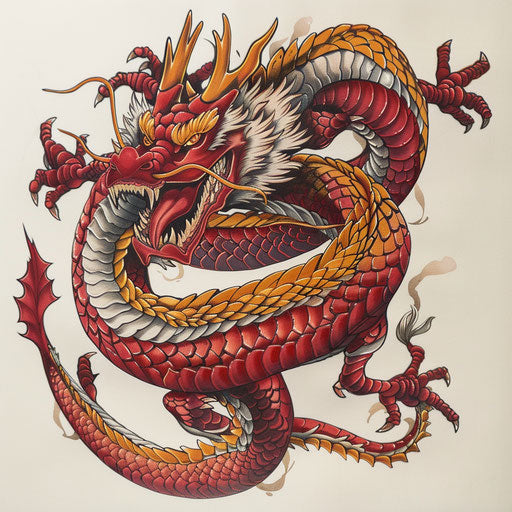 Fierce dragon, neo-traditional tattoo, red and gold scales on white canvas