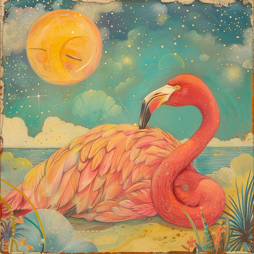 Pastel-colored scene of sleeping flamingo