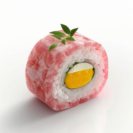 3D icon of a pink sushi roll with white rice and yellow eggs inside