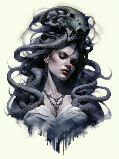 Woman with snake around neck, tattoo-inspired style