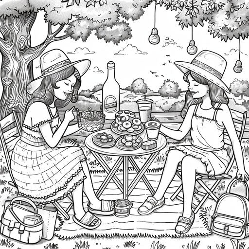 Best friends having a picnic with a spread of food and drinks. Coloring book page