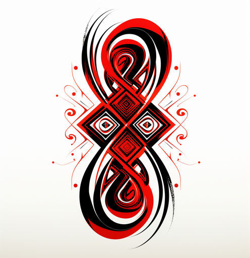 Stylized tribal design with red and black lines