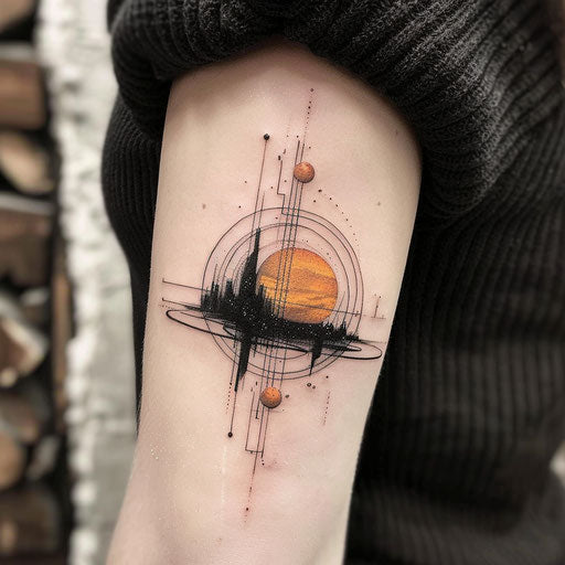 Small tattoos for women in the style of J.P. Targete with a sci-fi planet