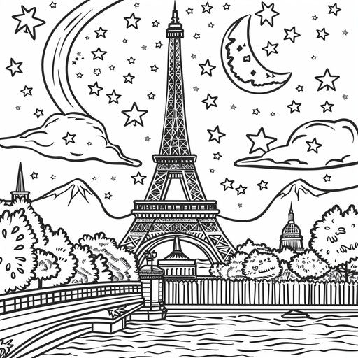 Eiffel Tower at night under a starry sky with twinkling lights