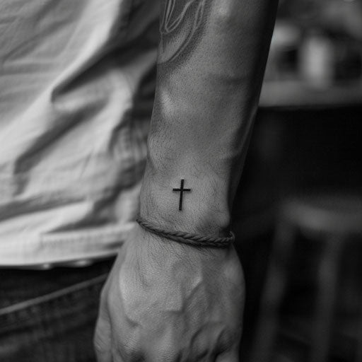 Men's wrist tattoos with a minimalist cross