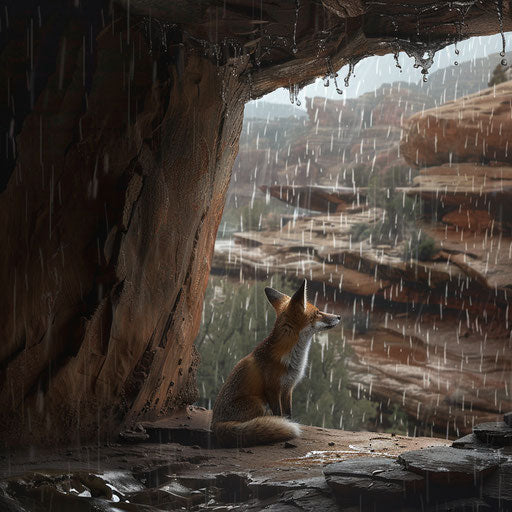 Swift fox seeks shelter from thunderstorm under rocky overhang