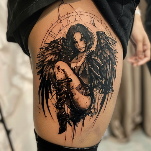 Hip tattoo of a dark angel, Gerald Brom style