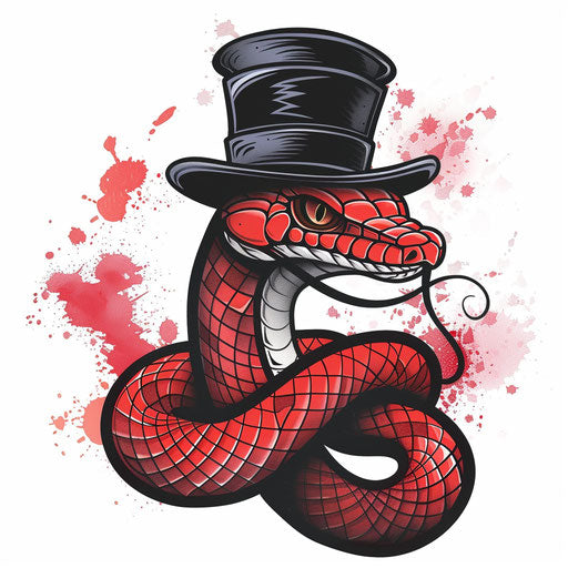 Playful flat tattoo sketch of a red snake in a top hat