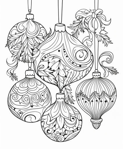 White Christmas ornament coloring pages, tapestry-like style, playful shapes, expansive 5:6