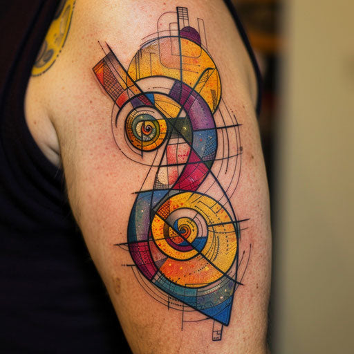 Abstract tattoo sketch of a Fibonacci pattern with geometric shapes in vivid hues