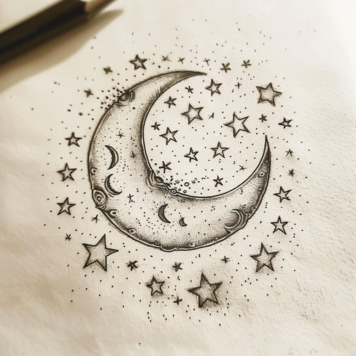 Crescent moon surrounded by twinkling stars, tattoo design