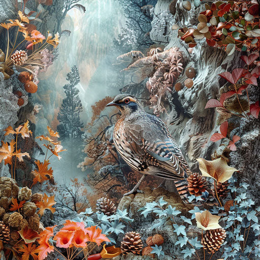 Quail bird in a surreal and dreamy forest